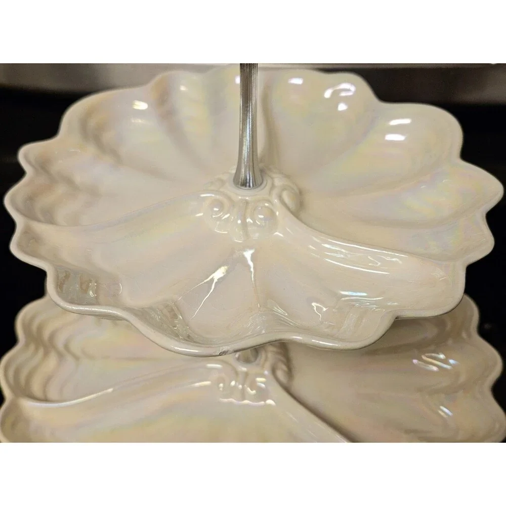 Vintage Maddux Of California Opalescent Cream & Silver 3 Tier Serving Tray READ
